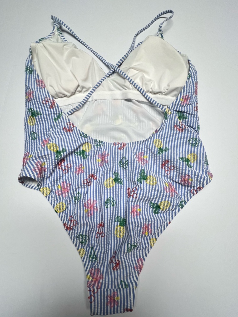 J. CREW NWT One Piece Swimsuit Size 12 Blue White Seersucker Criss Cross Back - Picture 9 of 11